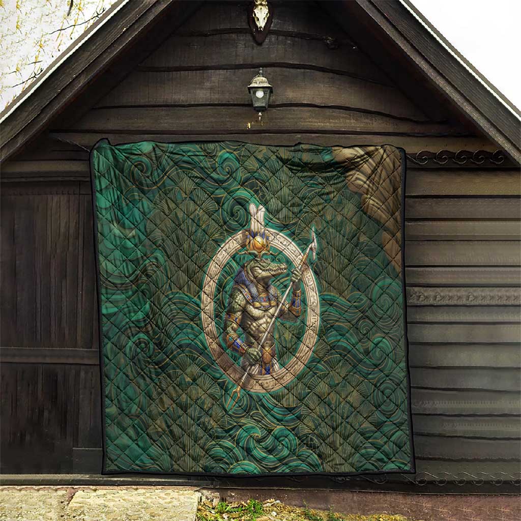 Sobek Crocodile Warrior Quilt with Ankh Ancient Egyptian Motif in Emerald