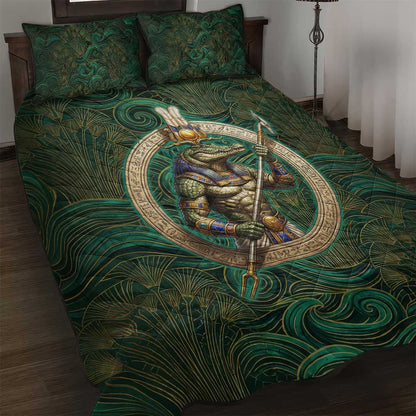 Sobek Crocodile Warrior Quilt Bed Set with Ankh Ancient Egyptian Motif in Emerald