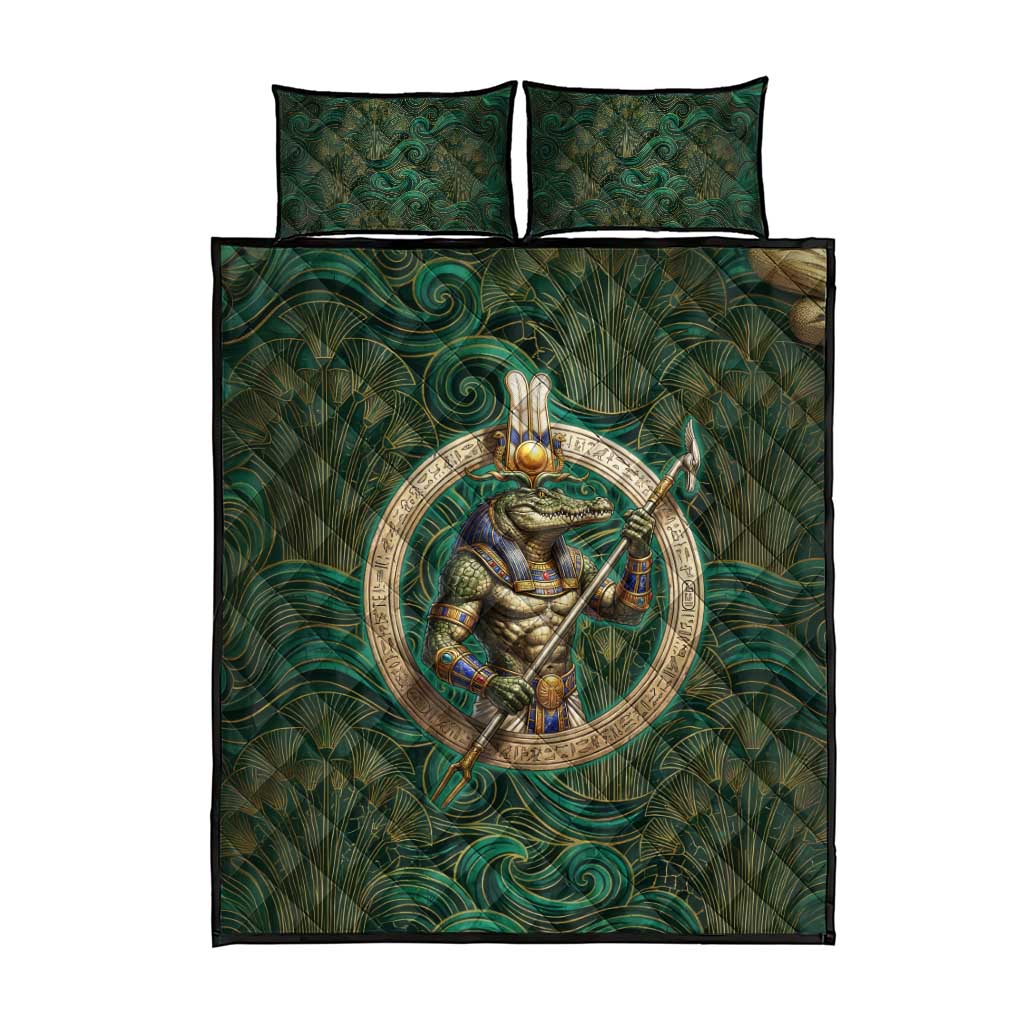 Sobek Crocodile Warrior Quilt Bed Set with Ankh Ancient Egyptian Motif in Emerald