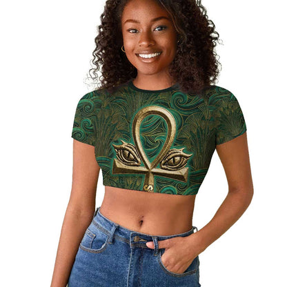 Sobek Crocodile Warrior Raglan Cropped T shirt with Ankh Ancient Egyptian Motif in Emerald