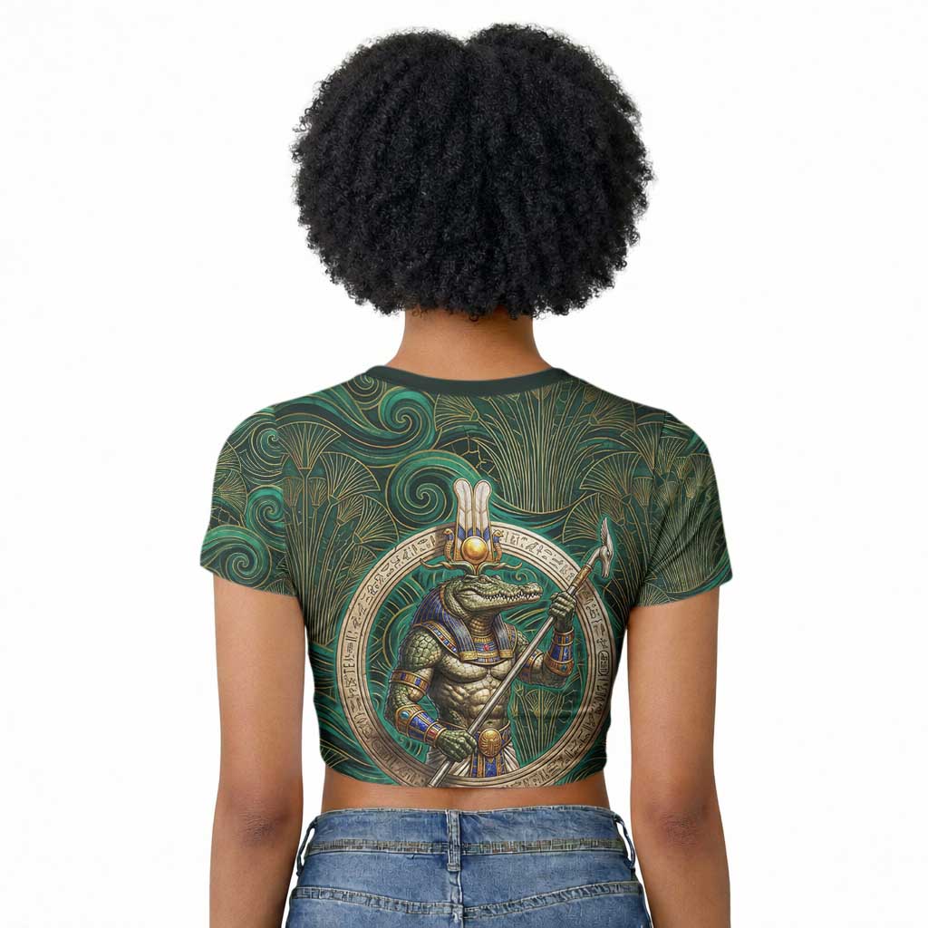 Sobek Crocodile Warrior Raglan Cropped T shirt with Ankh Ancient Egyptian Motif in Emerald