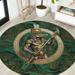 Sobek Crocodile Warrior Round Carpet with Ankh Ancient Egyptian Motif in Emerald