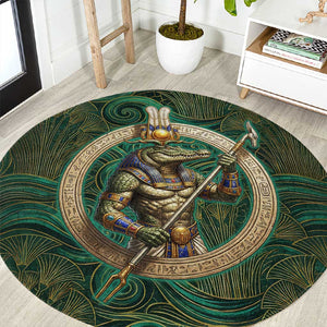Sobek Crocodile Warrior Round Carpet with Ankh Ancient Egyptian Motif in Emerald