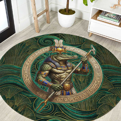 Sobek Crocodile Warrior Round Carpet with Ankh Ancient Egyptian Motif in Emerald