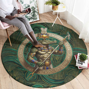 Sobek Crocodile Warrior Round Carpet with Ankh Ancient Egyptian Motif in Emerald