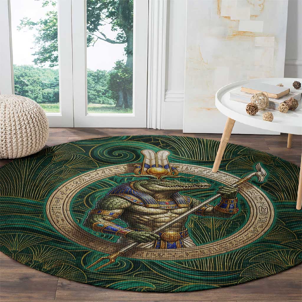 Sobek Crocodile Warrior Round Carpet with Ankh Ancient Egyptian Motif in Emerald