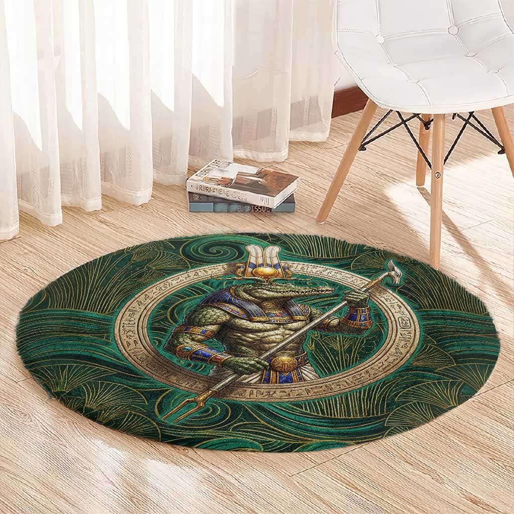 Sobek Crocodile Warrior Round Carpet with Ankh Ancient Egyptian Motif in Emerald