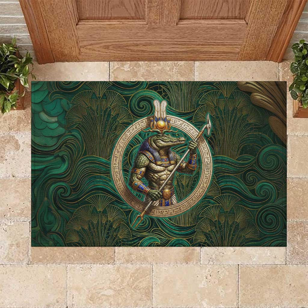 Sobek Crocodile Warrior Rubber Doormat with Ankh Ancient Egyptian Motif in Emerald