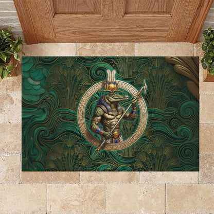 Sobek Crocodile Warrior Rubber Doormat with Ankh Ancient Egyptian Motif in Emerald