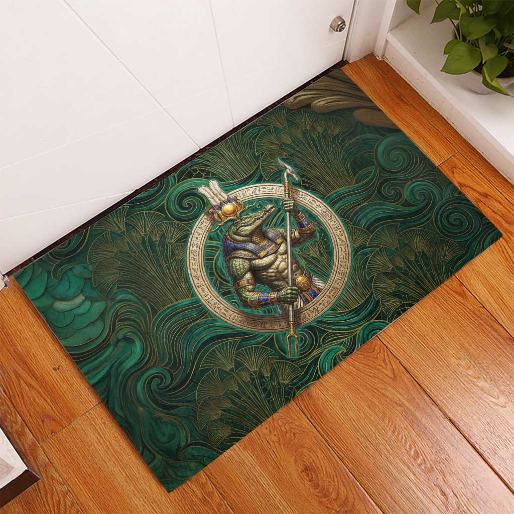 Sobek Crocodile Warrior Rubber Doormat with Ankh Ancient Egyptian Motif in Emerald
