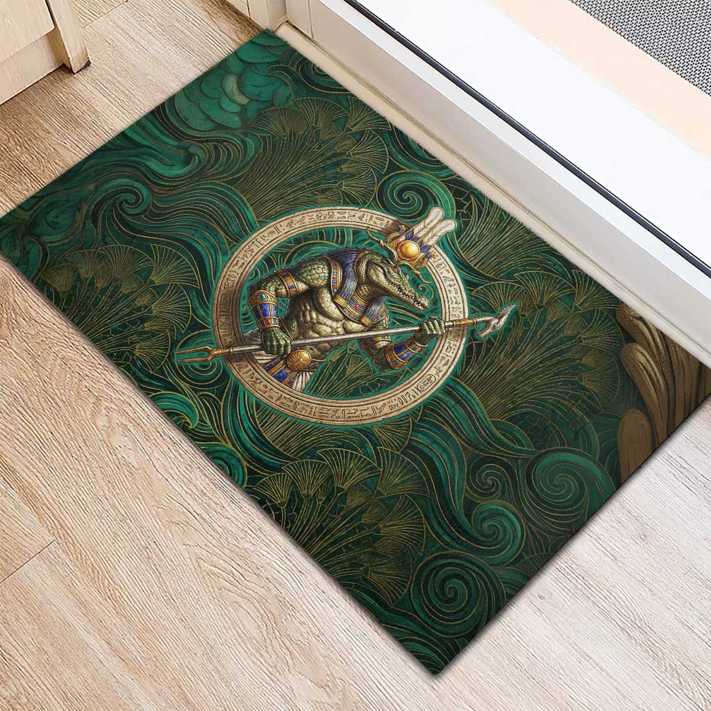 Sobek Crocodile Warrior Rubber Doormat with Ankh Ancient Egyptian Motif in Emerald