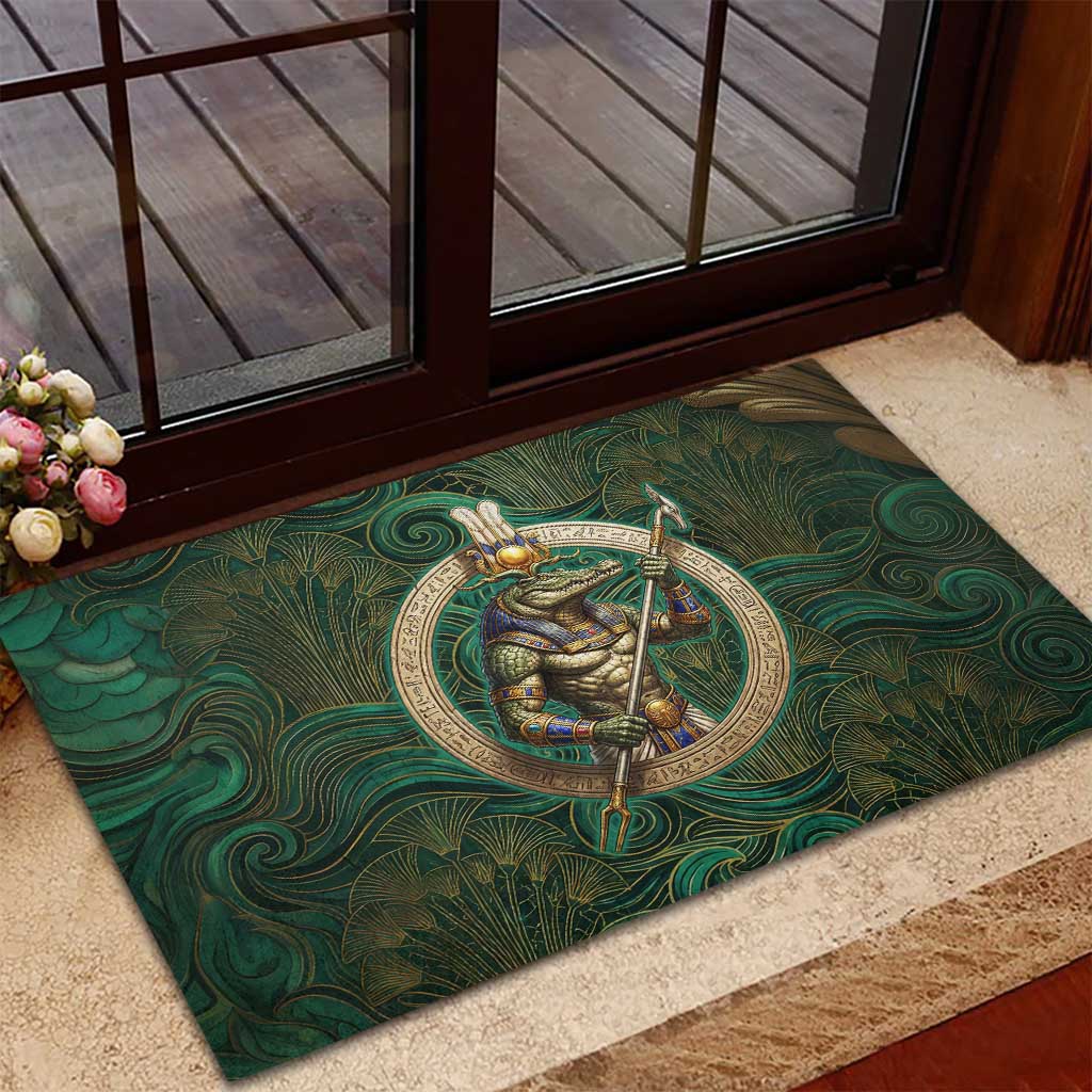 Sobek Crocodile Warrior Rubber Doormat with Ankh Ancient Egyptian Motif in Emerald