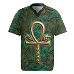 Sobek Crocodile Warrior Rugby Jersey with Ankh Ancient Egyptian Motif in Emerald