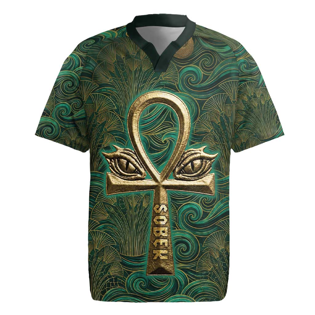 Sobek Crocodile Warrior Rugby Jersey with Ankh Ancient Egyptian Motif in Emerald