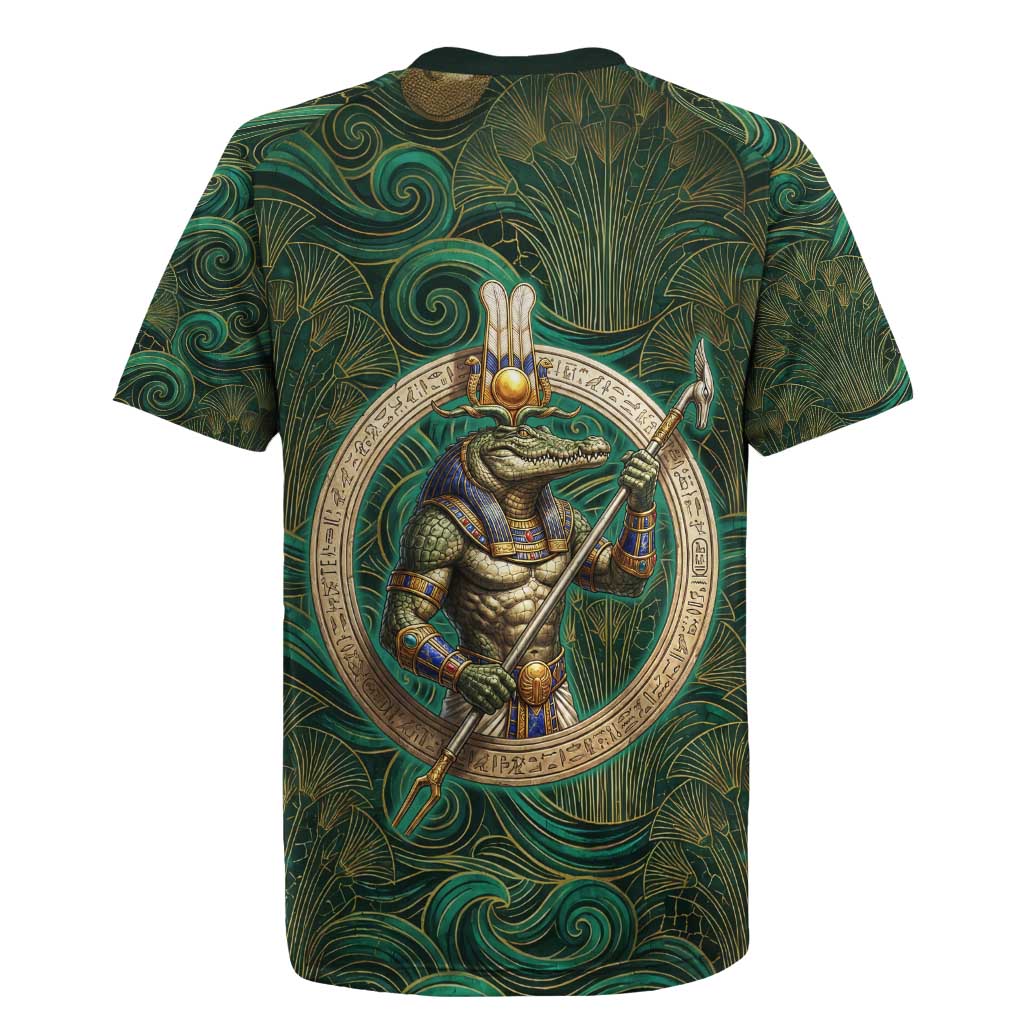 Sobek Crocodile Warrior Rugby Jersey with Ankh Ancient Egyptian Motif in Emerald