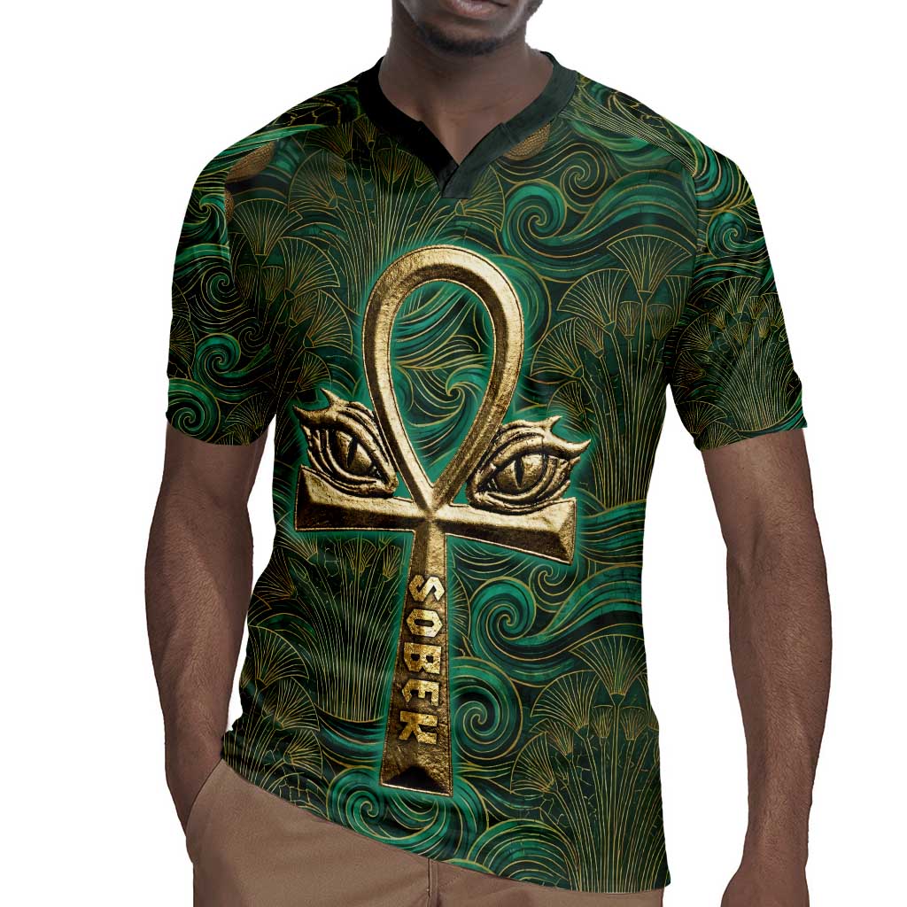 Sobek Crocodile Warrior Rugby Jersey with Ankh Ancient Egyptian Motif in Emerald