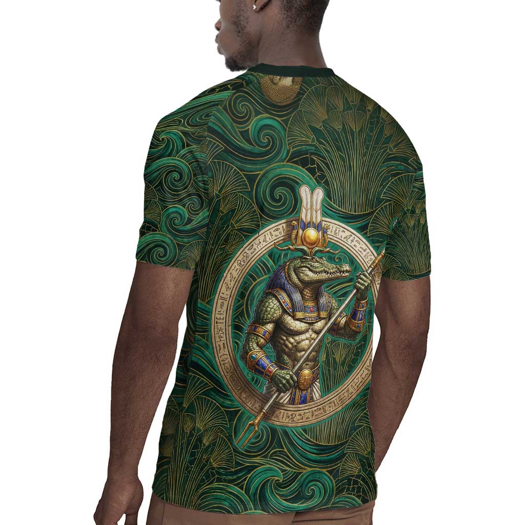 Sobek Crocodile Warrior Rugby Jersey with Ankh Ancient Egyptian Motif in Emerald