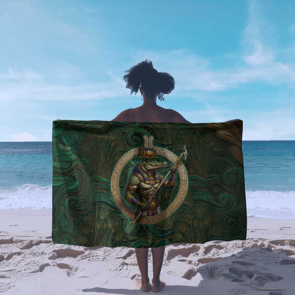 Sobek Crocodile Warrior Sarong with Ankh Ancient Egyptian Motif in Emerald