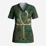 Sobek Crocodile Warrior Scrub Top with Ankh Ancient Egyptian Motif in Emerald