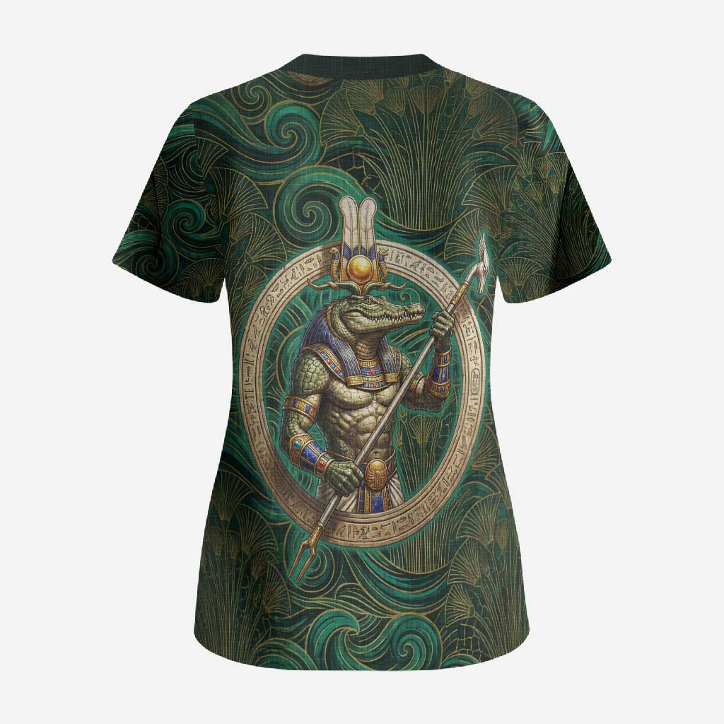 Sobek Crocodile Warrior Scrub Top with Ankh Ancient Egyptian Motif in Emerald