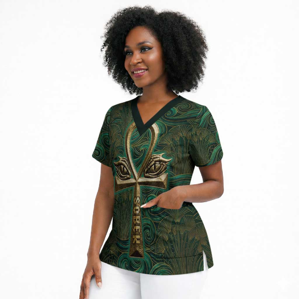 Sobek Crocodile Warrior Scrub Top with Ankh Ancient Egyptian Motif in Emerald