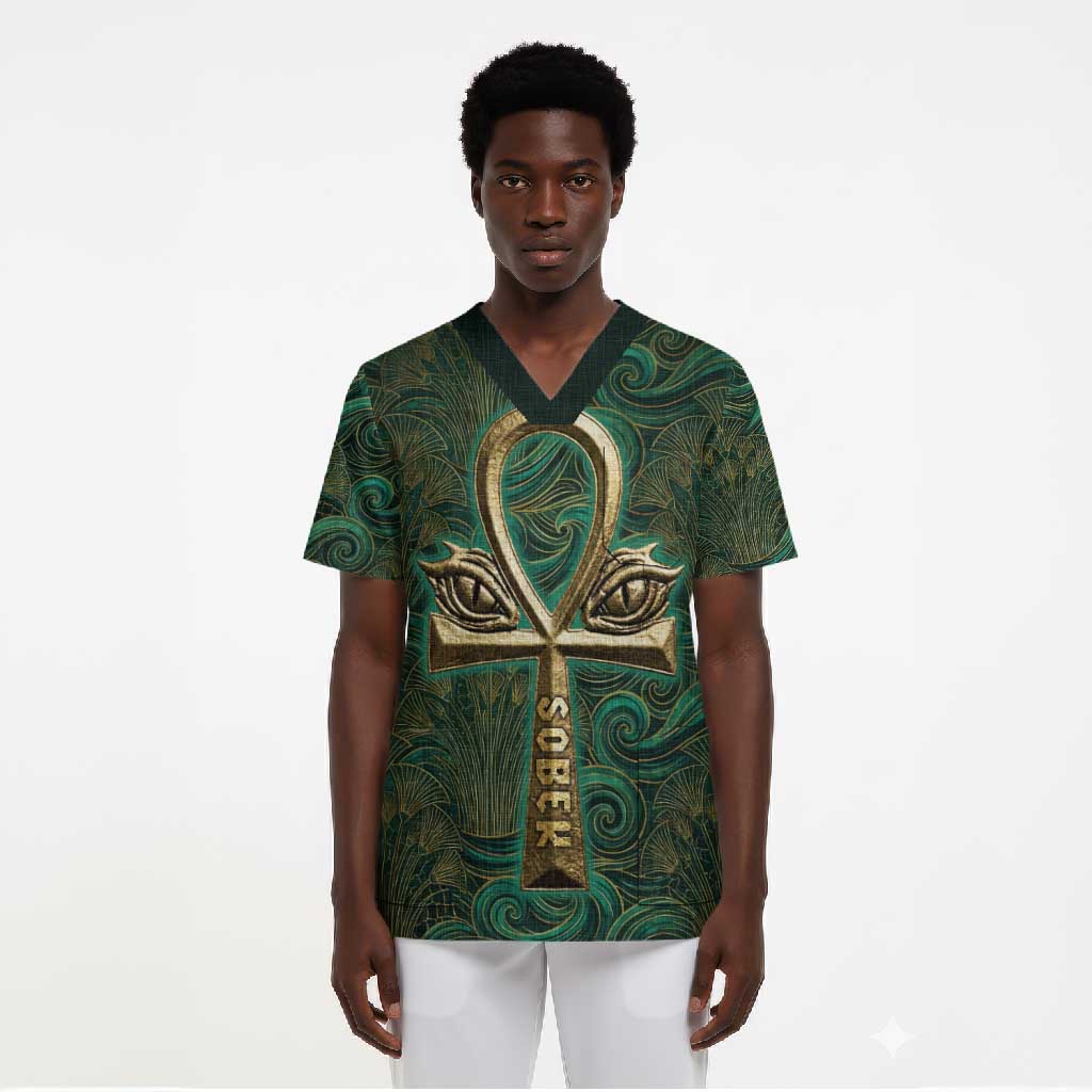 Sobek Crocodile Warrior Scrub Top with Ankh Ancient Egyptian Motif in Emerald