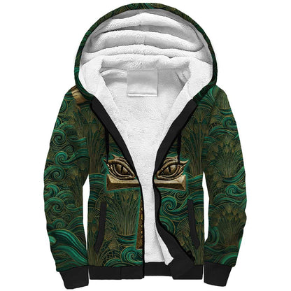 Sobek Crocodile Warrior Sherpa Hoodie with Ankh Ancient Egyptian Motif in Emerald