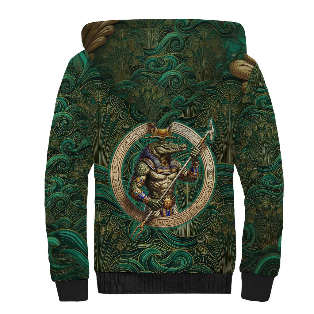 Sobek Crocodile Warrior Sherpa Hoodie with Ankh Ancient Egyptian Motif in Emerald