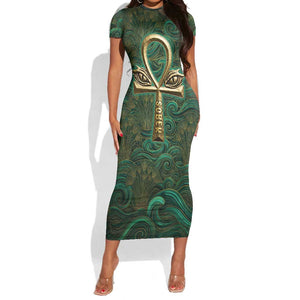 Sobek Crocodile Warrior Short Sleeve Bodycon Dress with Ankh Ancient Egyptian Motif in Emerald
