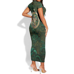 Sobek Crocodile Warrior Short Sleeve Bodycon Dress with Ankh Ancient Egyptian Motif in Emerald