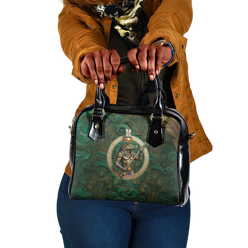 Sobek Crocodile Warrior Shoulder Handbag with Ankh Ancient Egyptian Motif in Emerald