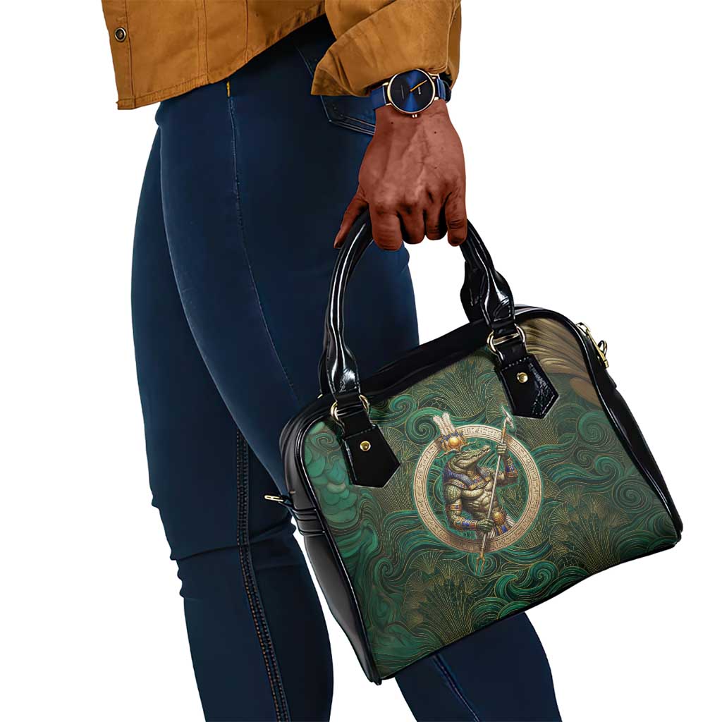 Sobek Crocodile Warrior Shoulder Handbag with Ankh Ancient Egyptian Motif in Emerald
