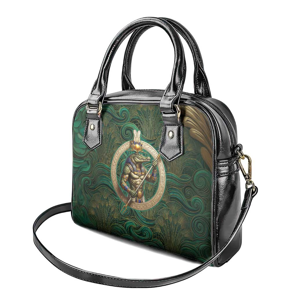 Sobek Crocodile Warrior Shoulder Handbag with Ankh Ancient Egyptian Motif in Emerald
