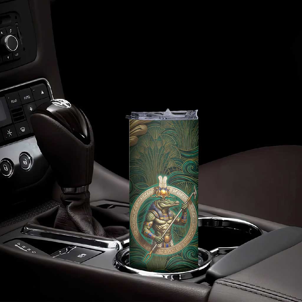 Sobek Crocodile Warrior Skinny Tumbler with Ankh Ancient Egyptian Motif in Emerald