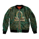 Sobek Crocodile Warrior Sleeve Zip Bomber Jacket with Ankh Ancient Egyptian Motif in Emerald