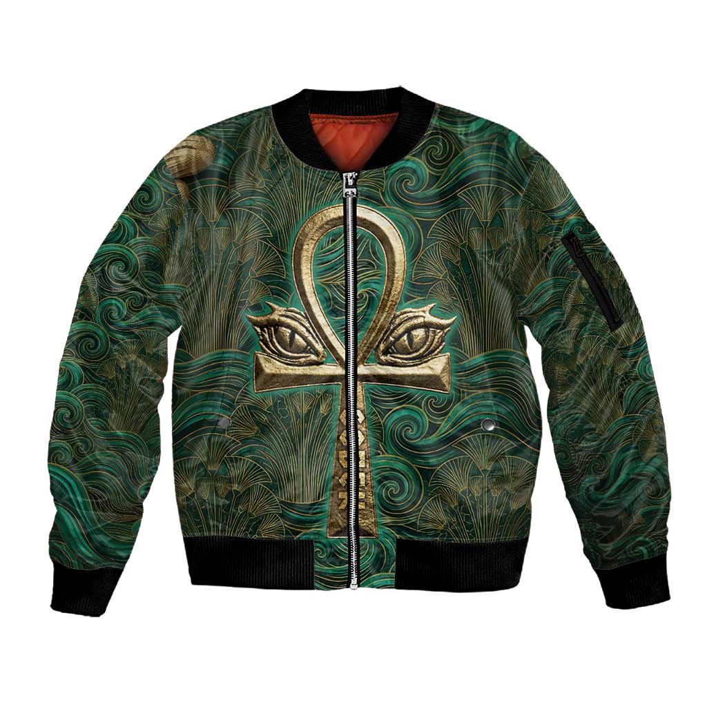 Sobek Crocodile Warrior Sleeve Zip Bomber Jacket with Ankh Ancient Egyptian Motif in Emerald
