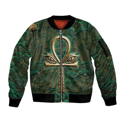 Sobek Crocodile Warrior Sleeve Zip Bomber Jacket with Ankh Ancient Egyptian Motif in Emerald