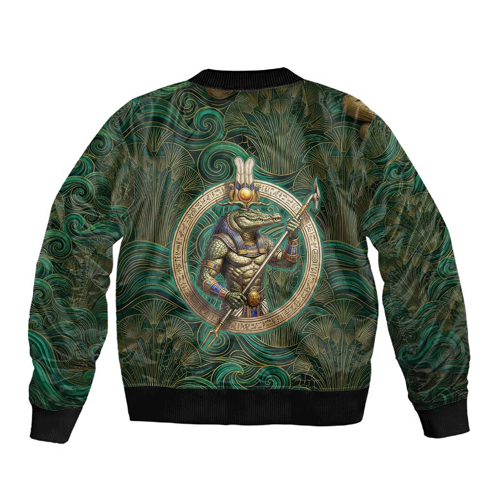 Sobek Crocodile Warrior Sleeve Zip Bomber Jacket with Ankh Ancient Egyptian Motif in Emerald