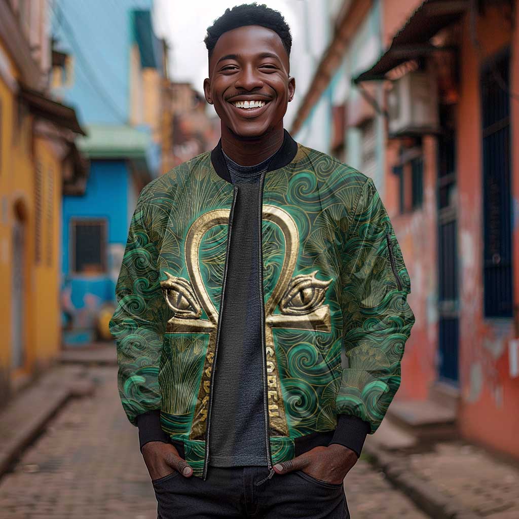 Sobek Crocodile Warrior Sleeve Zip Bomber Jacket with Ankh Ancient Egyptian Motif in Emerald