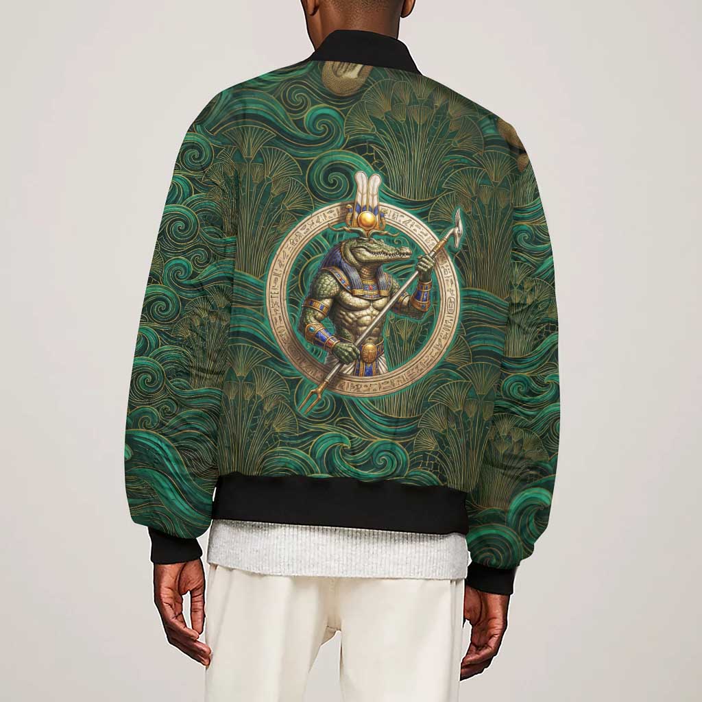 Sobek Crocodile Warrior Sleeve Zip Bomber Jacket with Ankh Ancient Egyptian Motif in Emerald