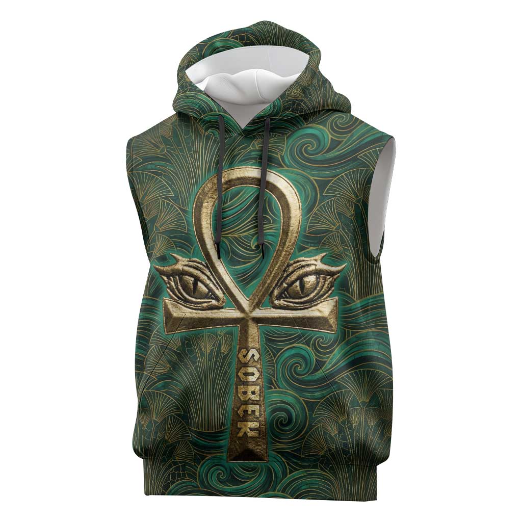 Sobek Crocodile Warrior Sleeveless Hoodie with Ankh Ancient Egyptian Motif in Emerald