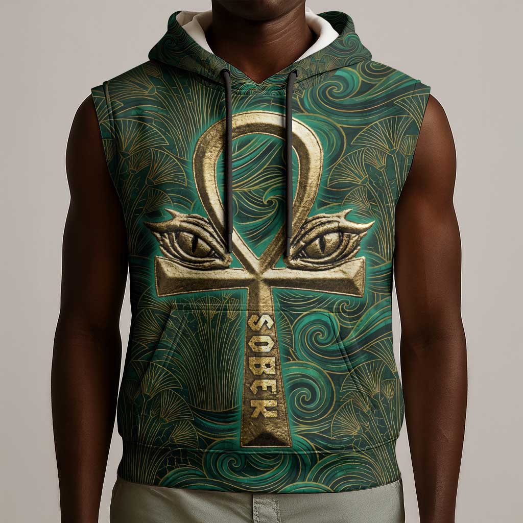 Sobek Crocodile Warrior Sleeveless Hoodie with Ankh Ancient Egyptian Motif in Emerald