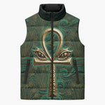 Sobek Crocodile Warrior Sleeveless Puffer Jacket with Ankh Ancient Egyptian Motif in Emerald