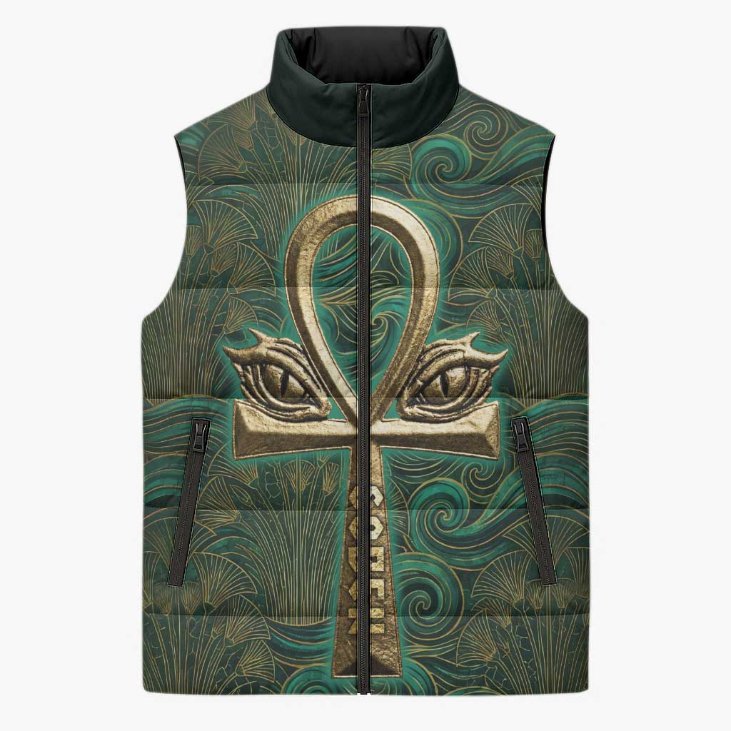 Sobek Crocodile Warrior Sleeveless Puffer Jacket with Ankh Ancient Egyptian Motif in Emerald
