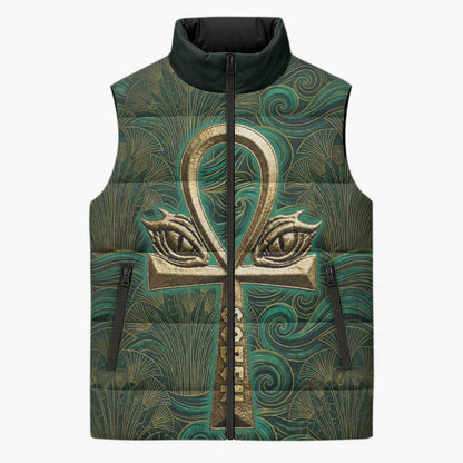 Sobek Crocodile Warrior Sleeveless Puffer Jacket with Ankh Ancient Egyptian Motif in Emerald