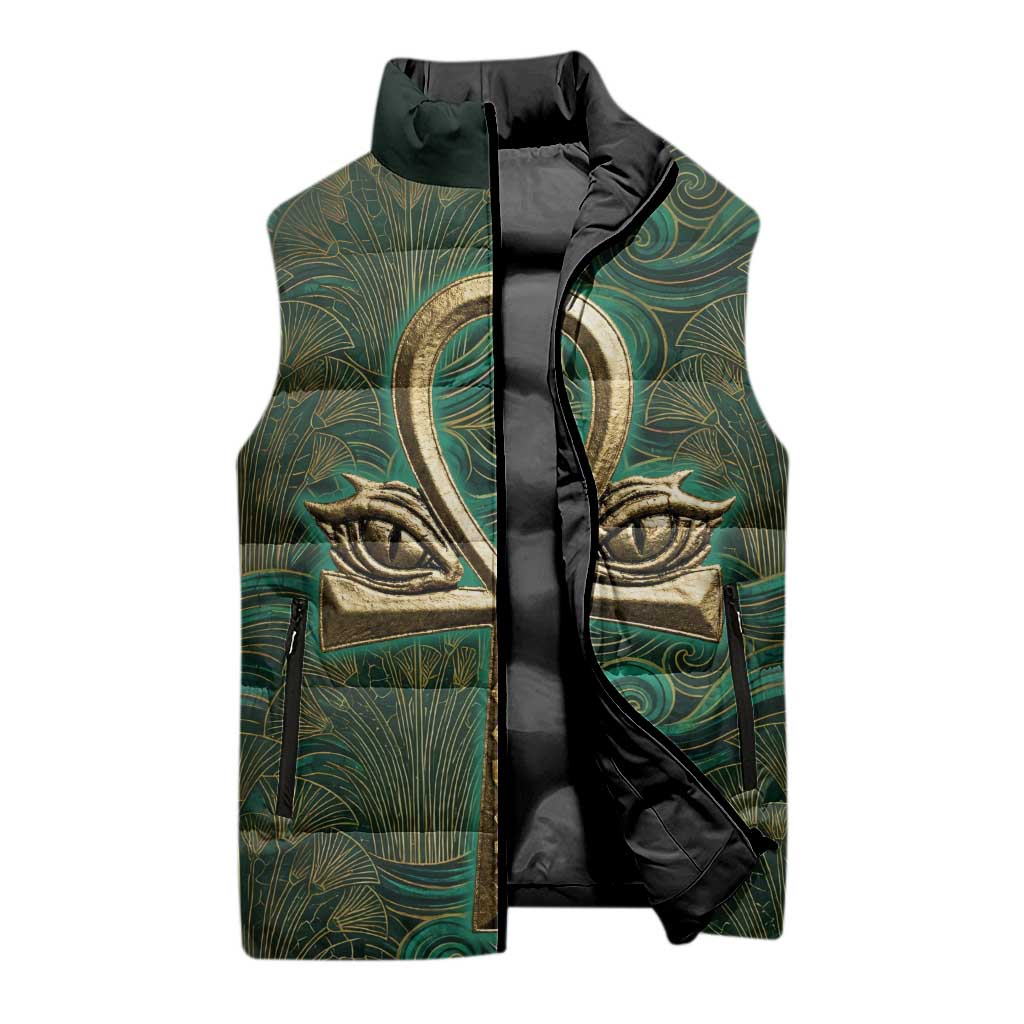 Sobek Crocodile Warrior Sleeveless Puffer Jacket with Ankh Ancient Egyptian Motif in Emerald