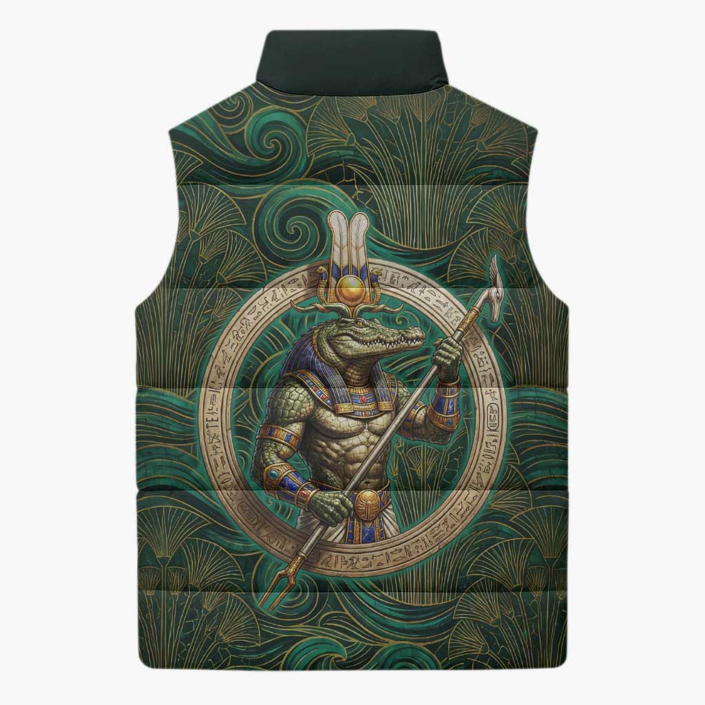 Sobek Crocodile Warrior Sleeveless Puffer Jacket with Ankh Ancient Egyptian Motif in Emerald