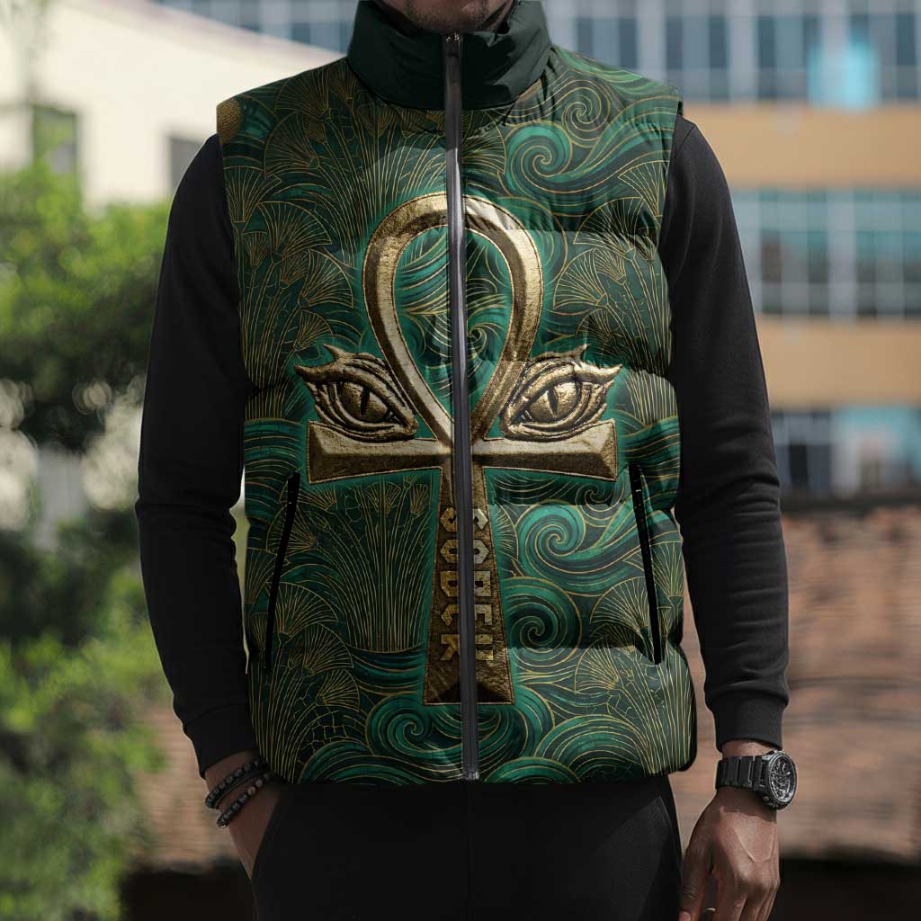 Sobek Crocodile Warrior Sleeveless Puffer Jacket with Ankh Ancient Egyptian Motif in Emerald