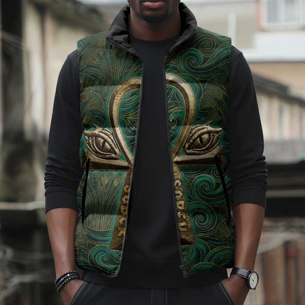 Sobek Crocodile Warrior Sleeveless Puffer Jacket with Ankh Ancient Egyptian Motif in Emerald