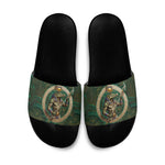 Sobek Crocodile Warrior Slide Sandals with Ankh Ancient Egyptian Motif in Emerald